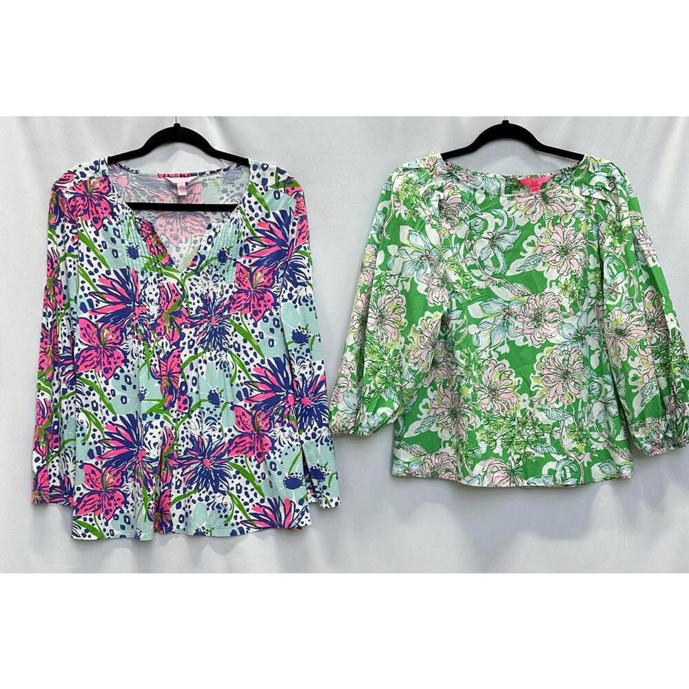 Lilly Pulitzer Womens Medium Bundle 2 Tops Green Pink Blue Floral Preppy Coastal